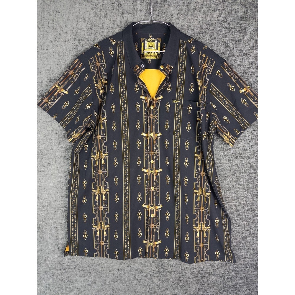 Retro Rifle Boogeyman Shirt Mens 2XL Black Yellow Snap Short Sleeve Vacations